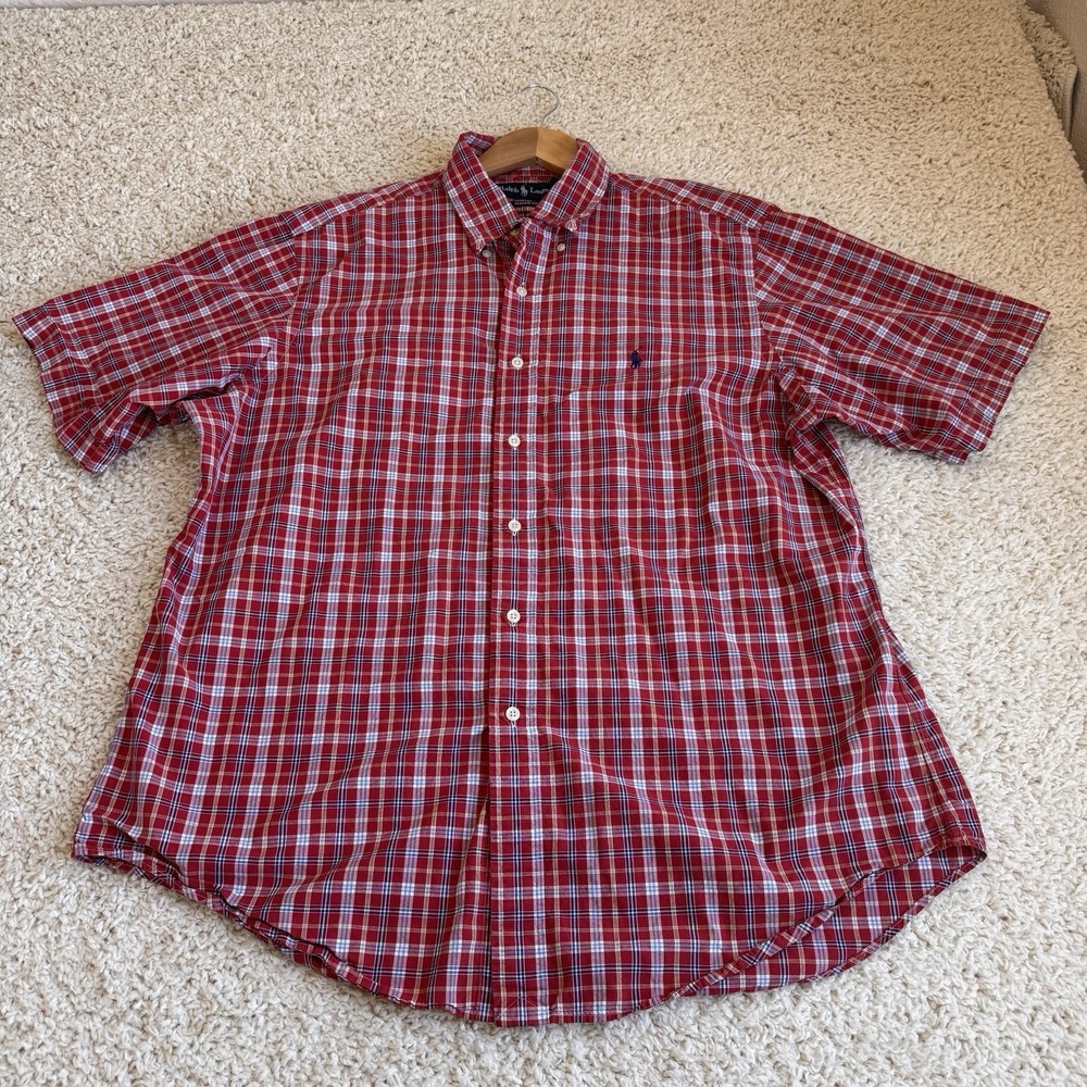 Ralph Lauren Button Down Shirt Mens Large Red Plaid Excellent Classic Fit Short